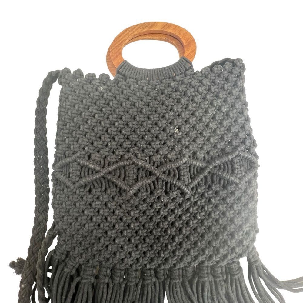 Danielle Nicole Macrame Handbag Black Fringe - image 5